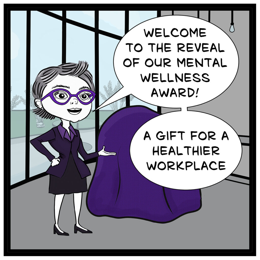Donna Lake announces the reveal of the Mental Wellness Award in office comic.