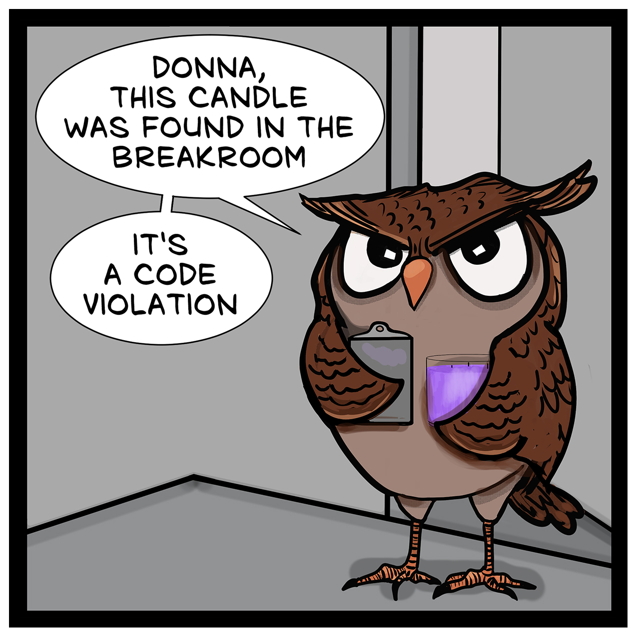 office candle policy comic: Donna Lake comic panel.