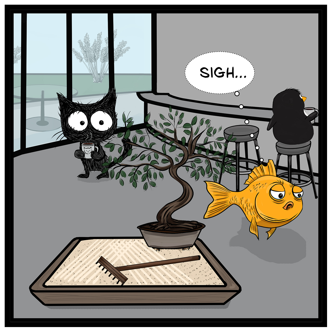 zen garden chaos comic – Donna Lake workplace comic strip.