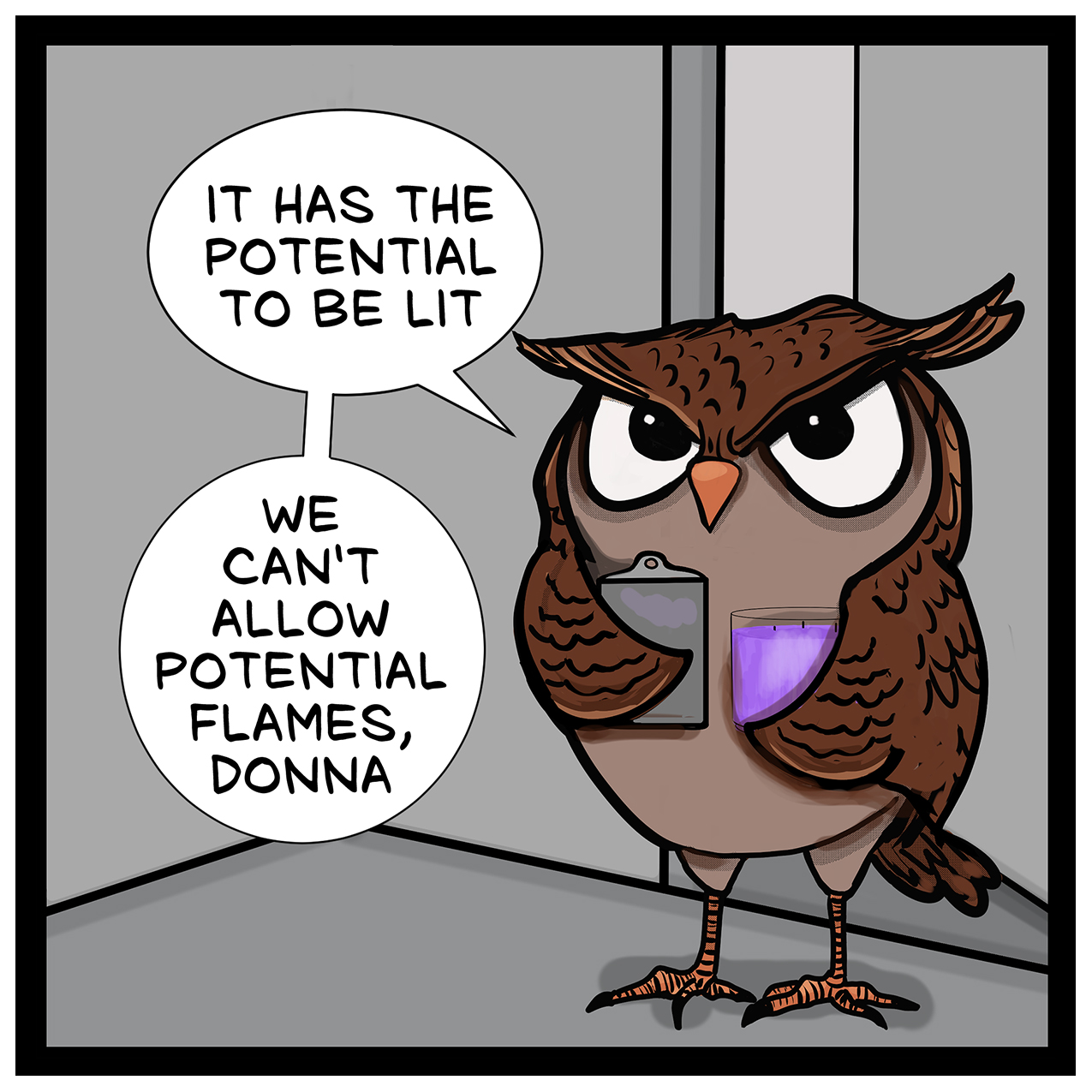 office candle policy comic – Donna Lake workplace comic strip.