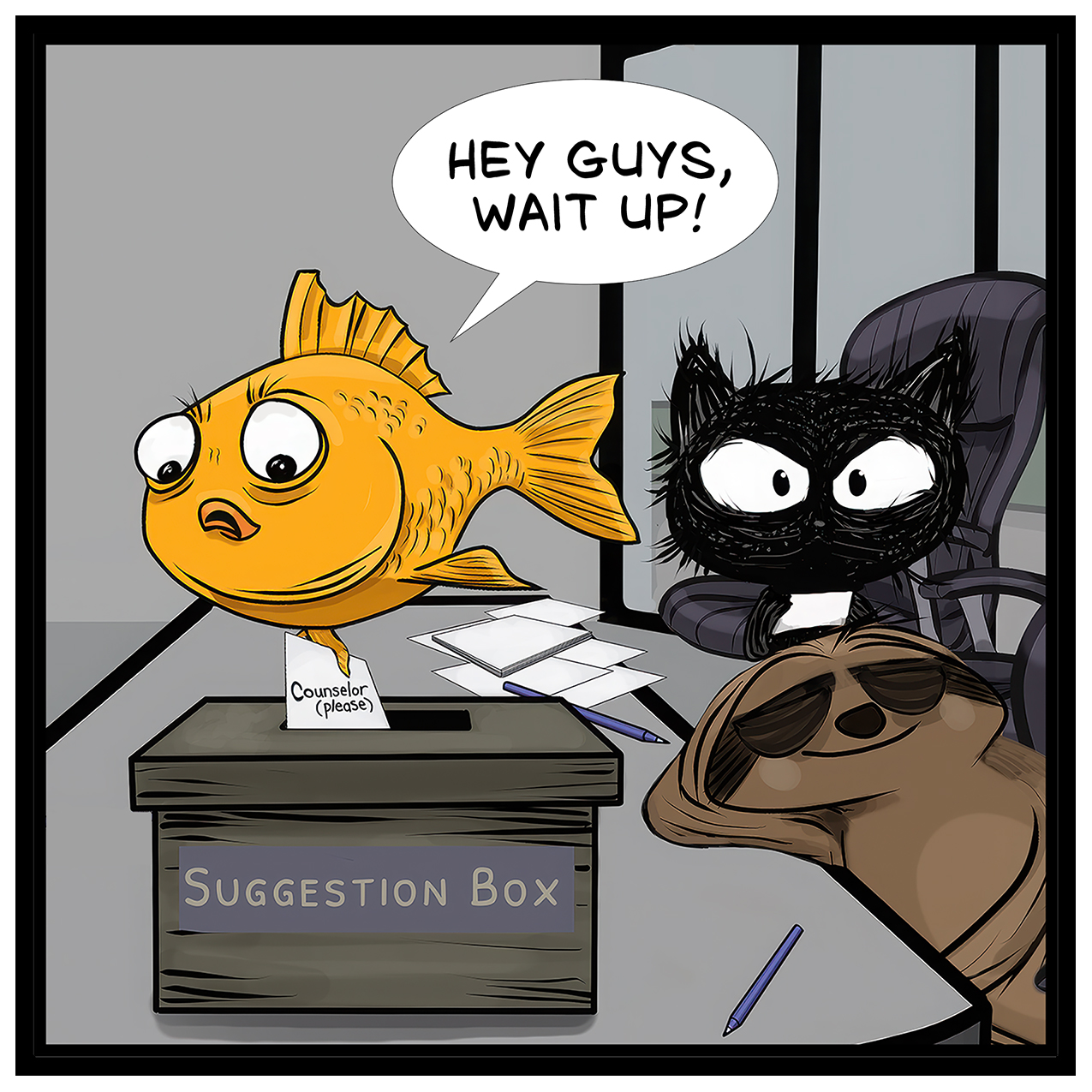 Comic panel with Finley the goldfish dropping a “Counselor please” suggestion in the box, saying “Hey guys, wait up!” while cat watches and the sloth naps, from Donna Lake