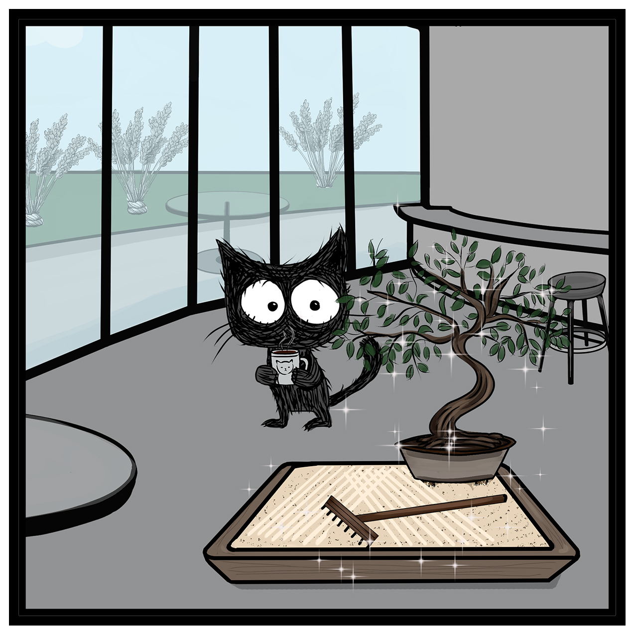 Black cat with coffee mug observes zen garden in office breakroom.