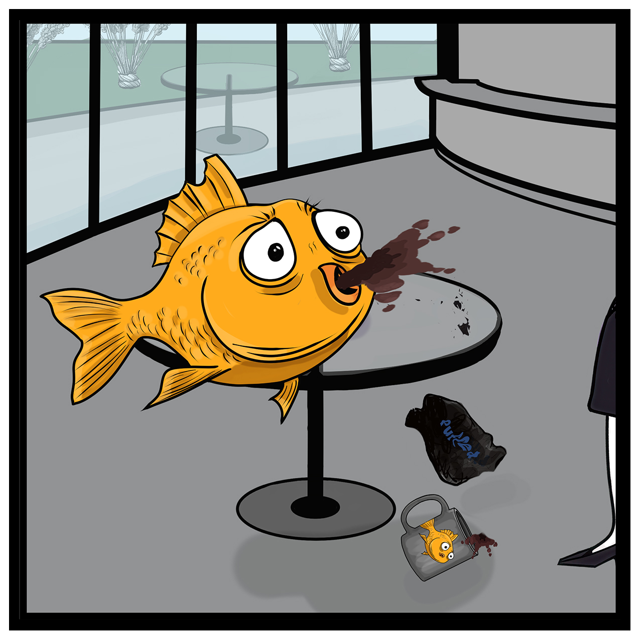 Finley the goldfish sneezes coffee across a table, with a spilled mug and a mess below.