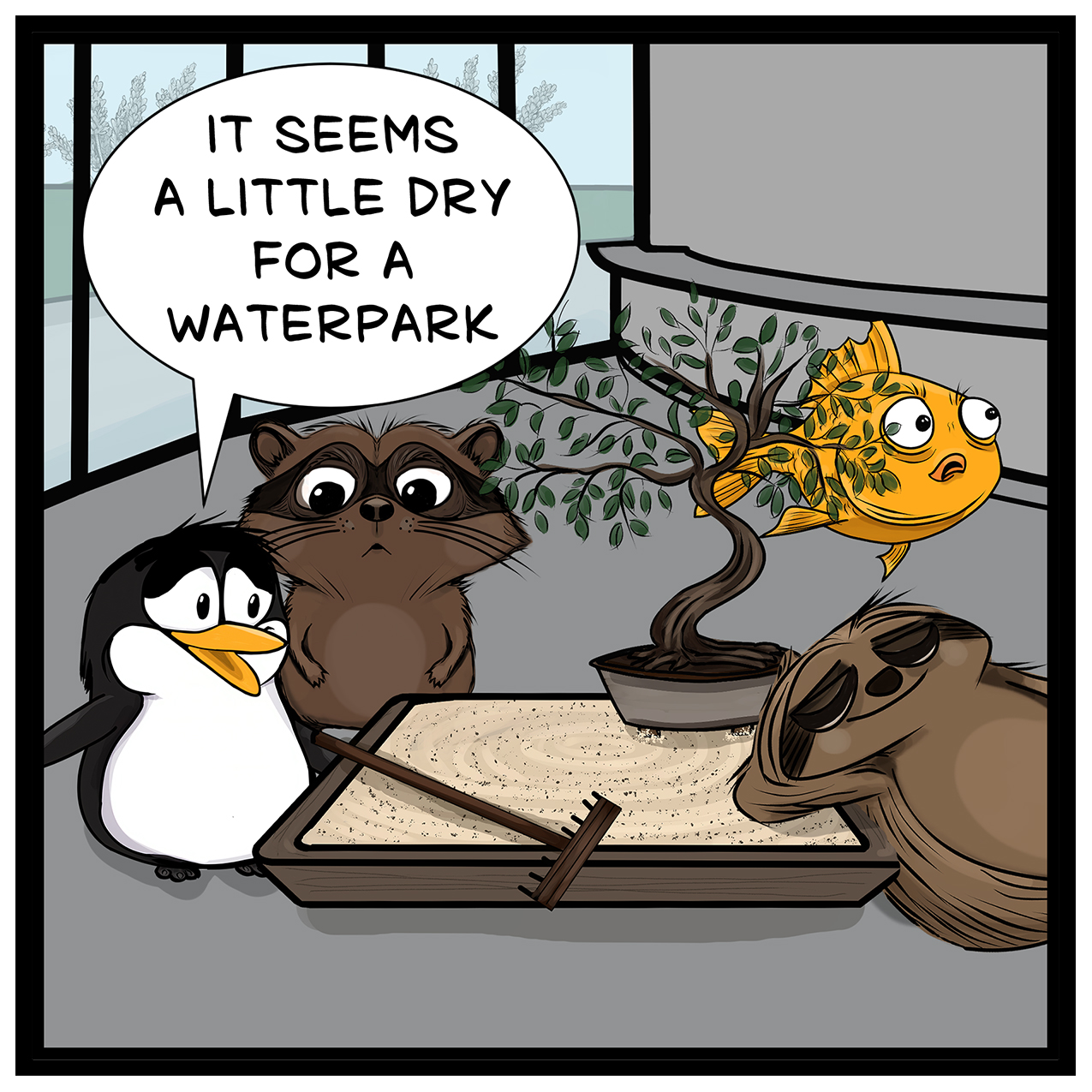 Penguin comments dry Zen garden isn’t ideal for a waterpark as team reacts humorously.