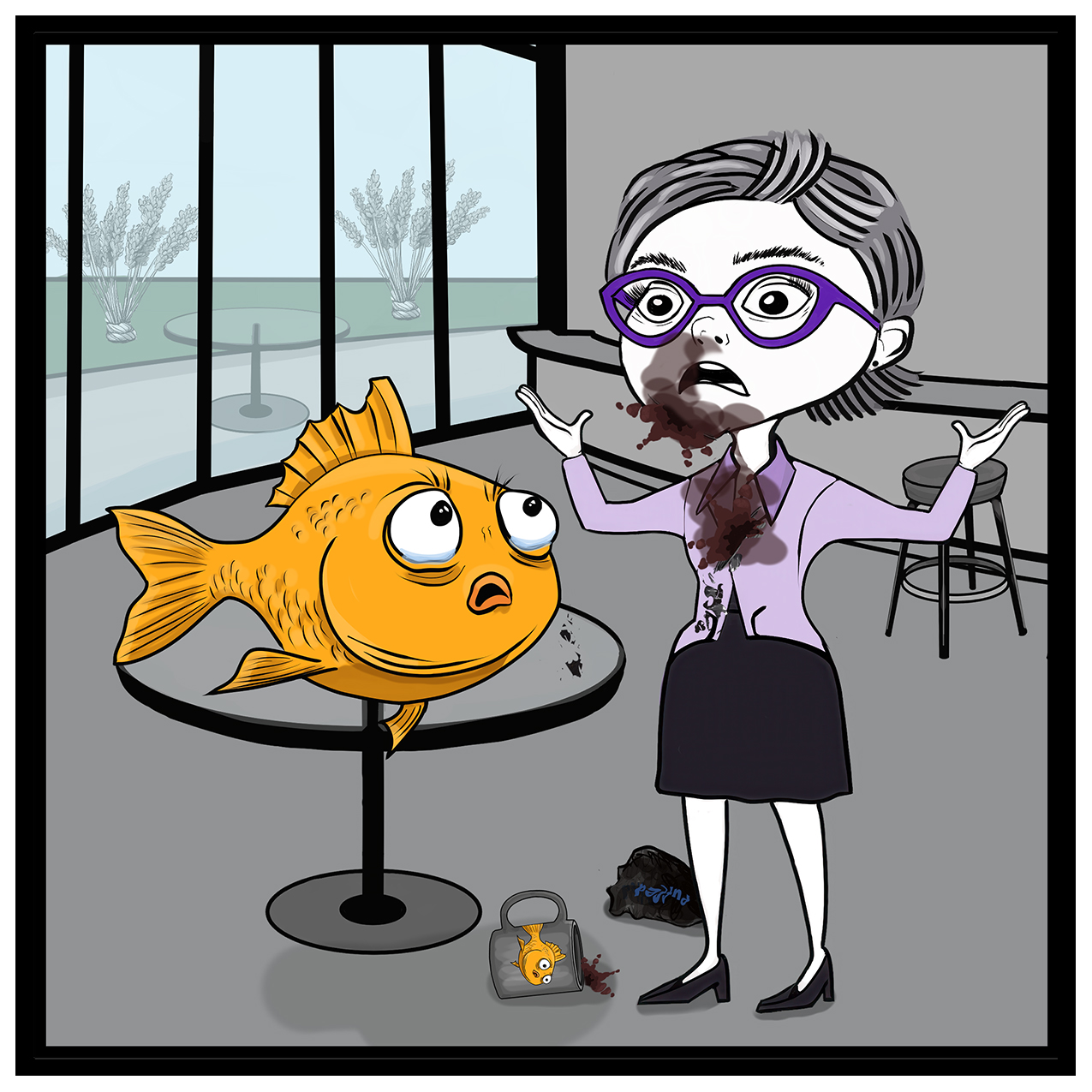 Goldfish sneezes coffee on Donna Lake, leaving her drenched and stunned.