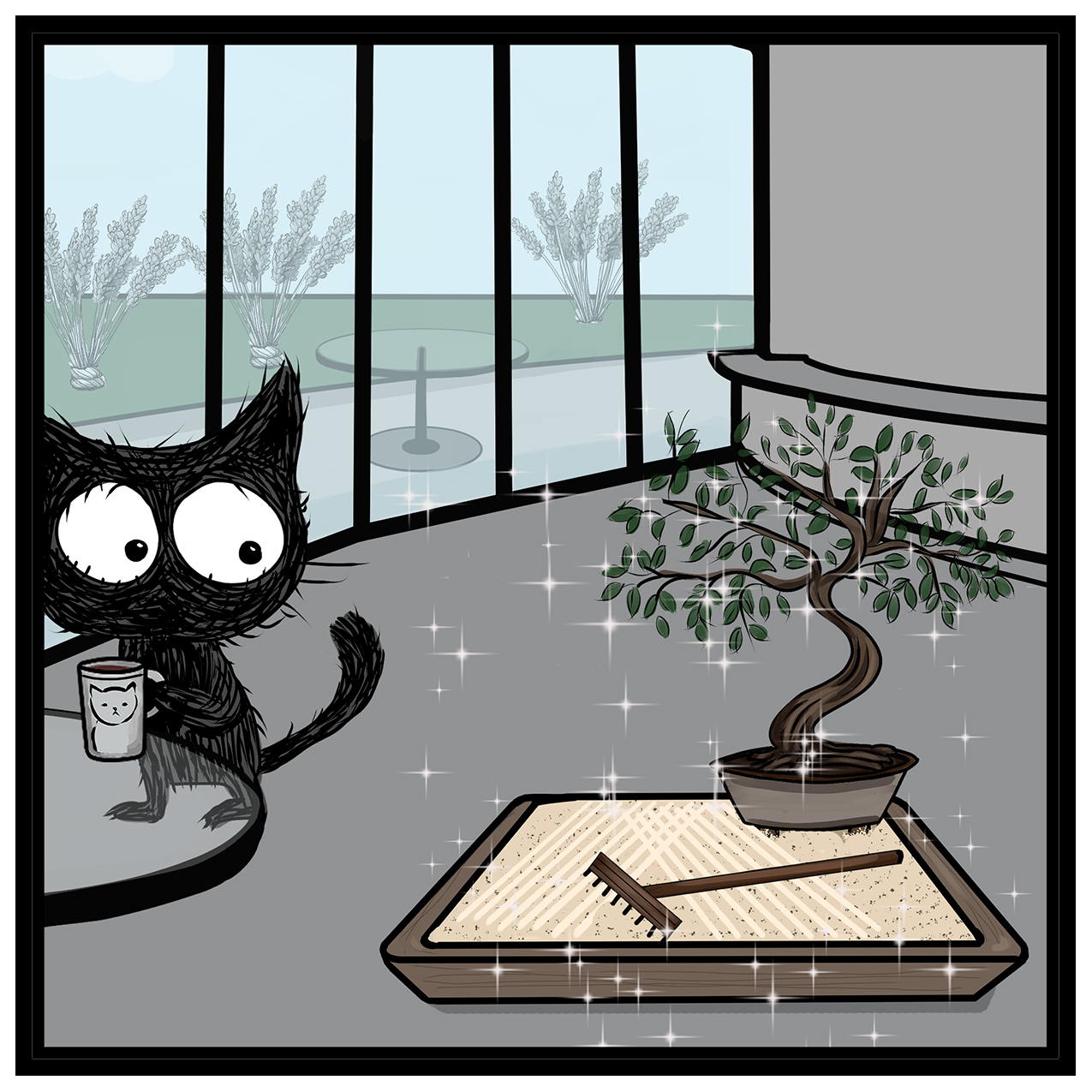 Black cat sets down coffee near sparkling zen garden in break room.