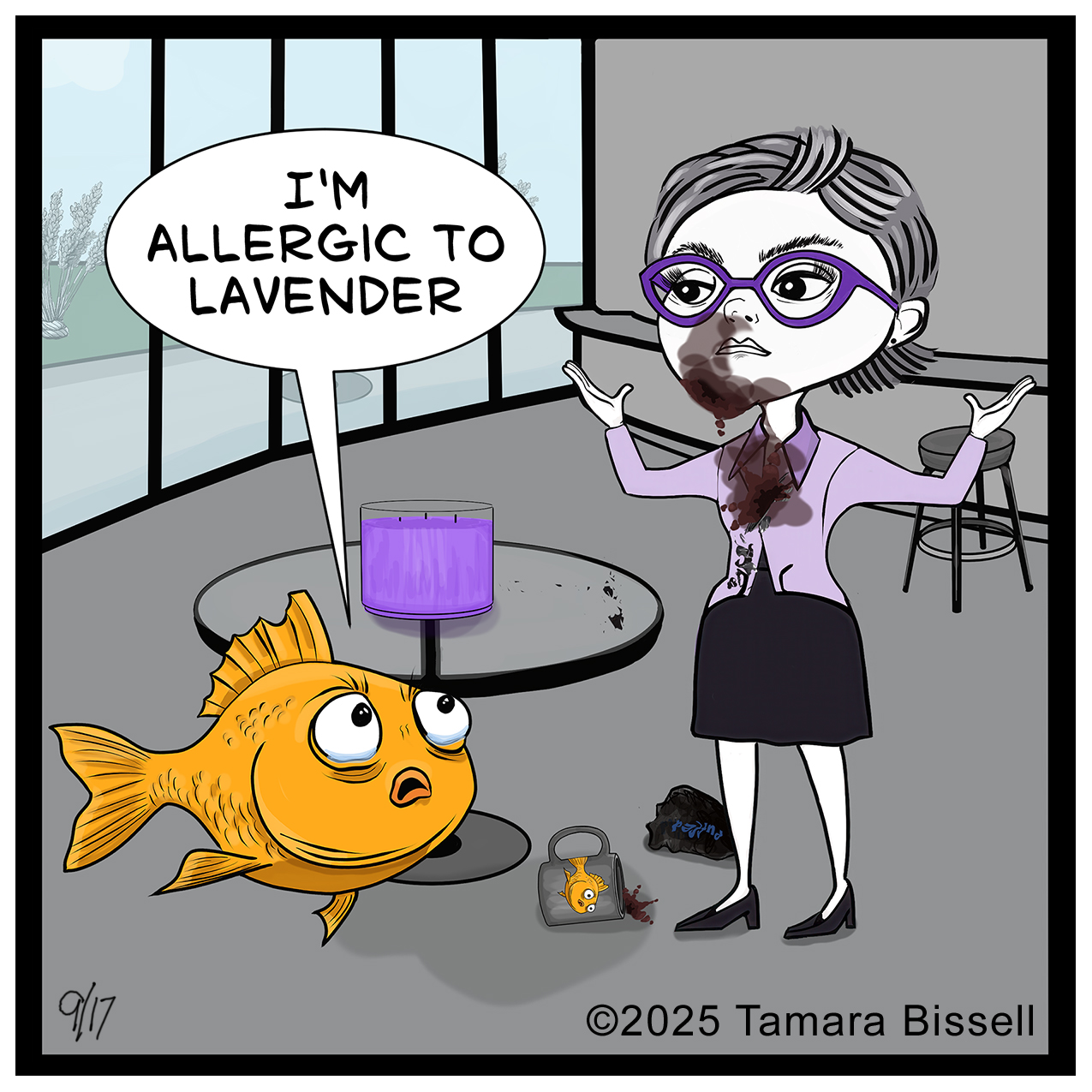 Goldfish tells Donna he's allergic to lavender after sneezing coffee on her.