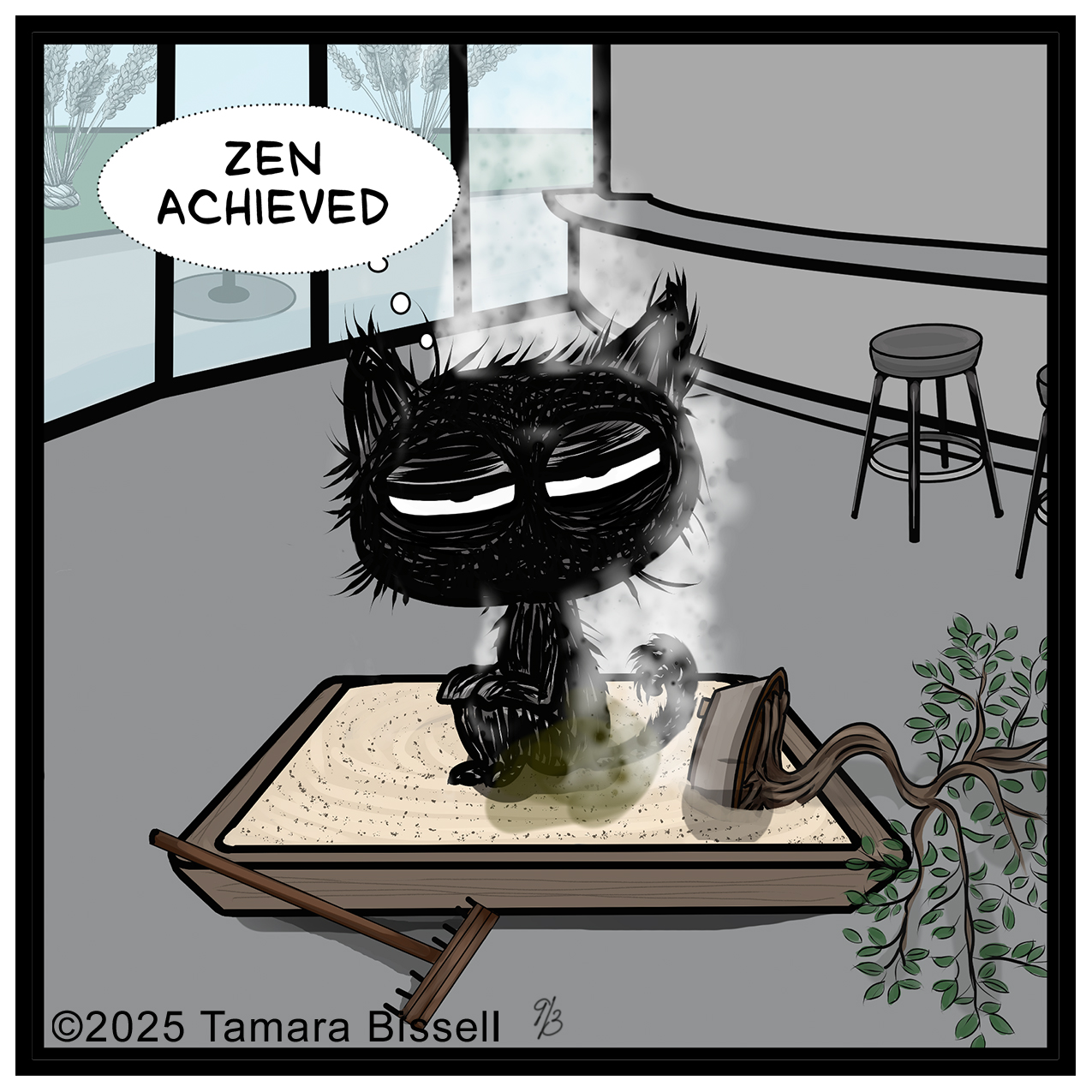 Riley the cat sits in a zen garden with eyes closed doing his business and “Zen Achieved” text above.