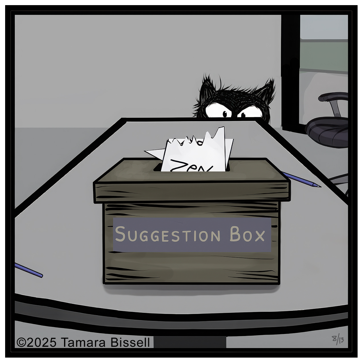 Comic panel showing a suggestion box stuffed with “Zen” notes as Riley the cat peeks over the table, from the Donna Lake comic strip