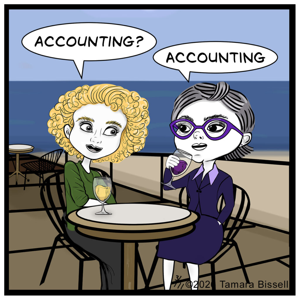 Claire asks, “Accounting?” and Donna confirms, “Accounting,” at the seaside café table.