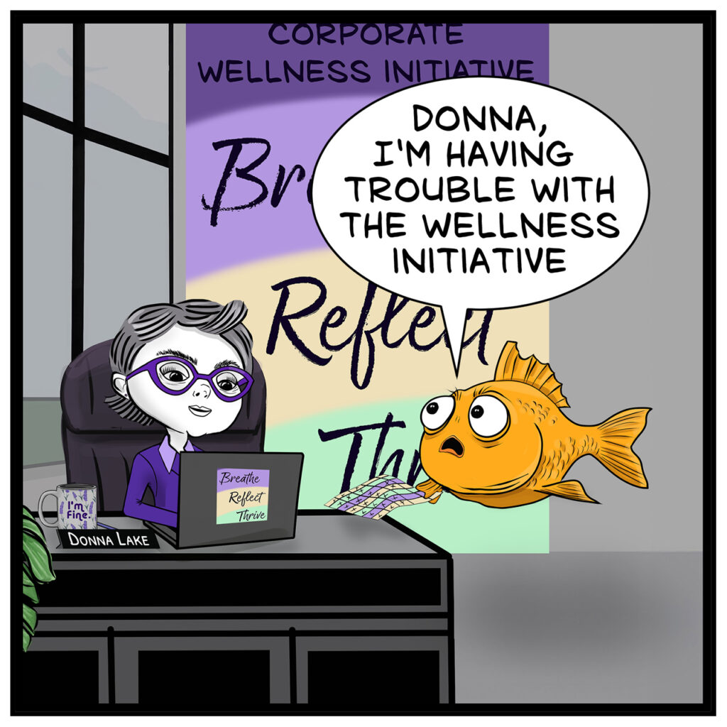 workplace wellness tracking comic: Donna Lake comic panel.