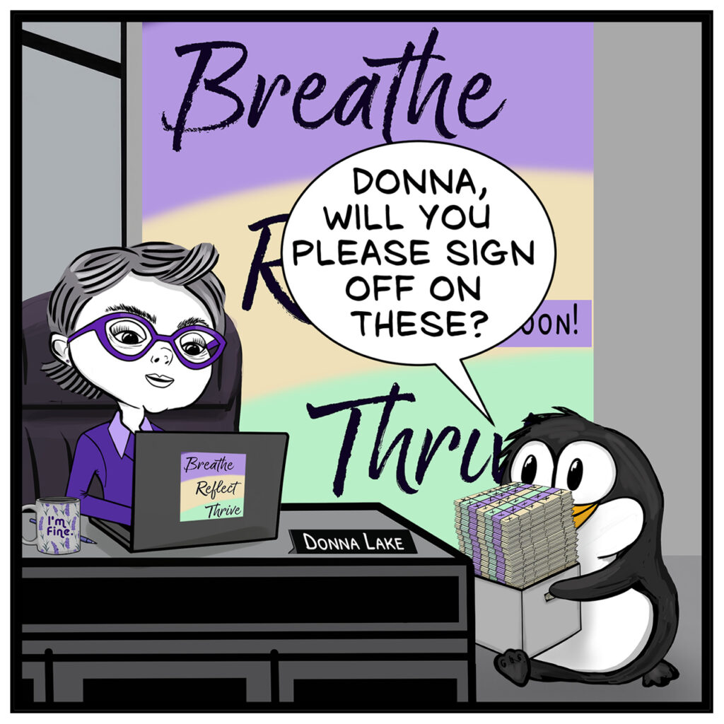 Corporate wellness comic strip: Donna Lake and Dash face a growing pile of breathing logs.
