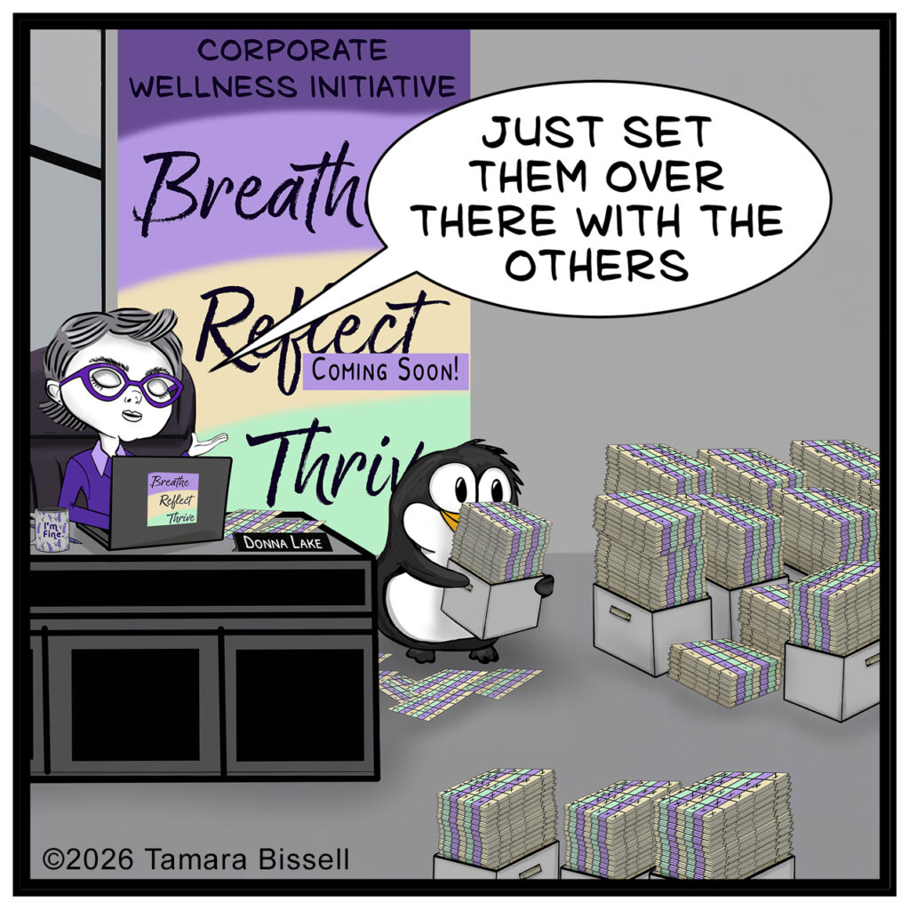 In a wider view, boxes of breathing logs fill the office as Donna tells Dash to add his stack to the others.