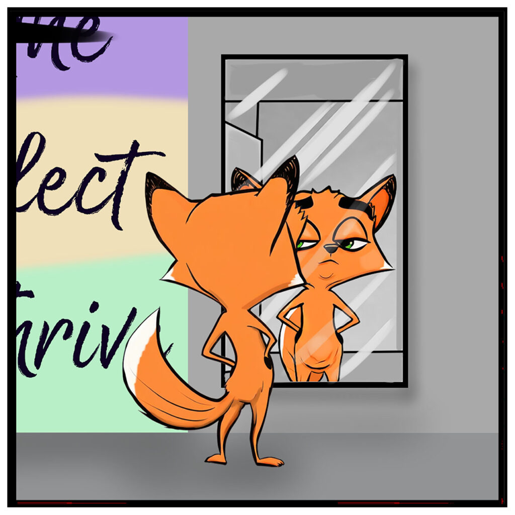 Parker stands hands-on-hips in front of a mirror, staring at his reflection with a critical eye.