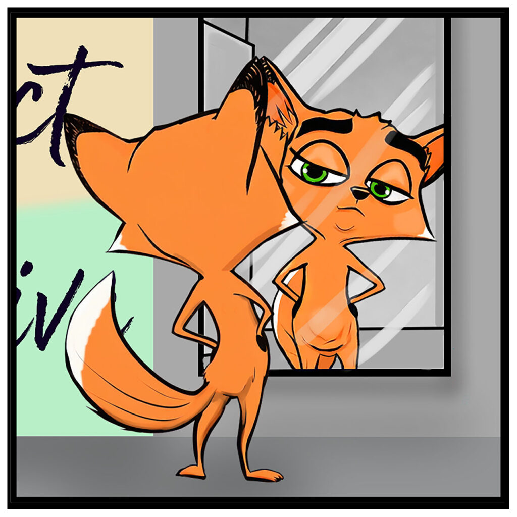 Close-up of Parker posing at the mirror while his reflection stares back with an interested expression.