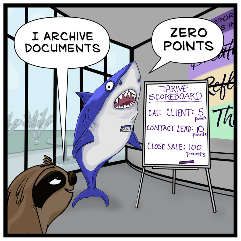 Drew the sloth says, "I archive documents" to which Forge responds, "Zero points"