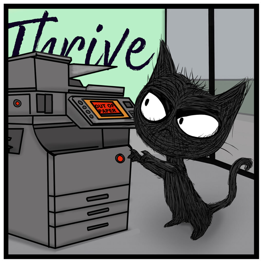 Riley the black cat presses buttons on a copier. The copier display says ‘OUT OF PAPER