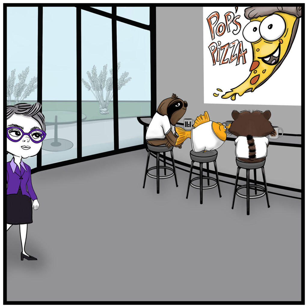 Donna enters the breakroom where Drew, Finley and Milo are drinking coffee, wearing white t-shirts