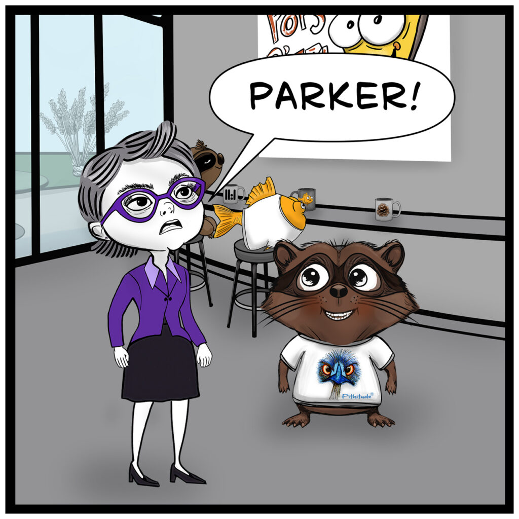 Donna looks up and shouts, “PARKER!” while Milo grins next to her, still showing off the shirt.