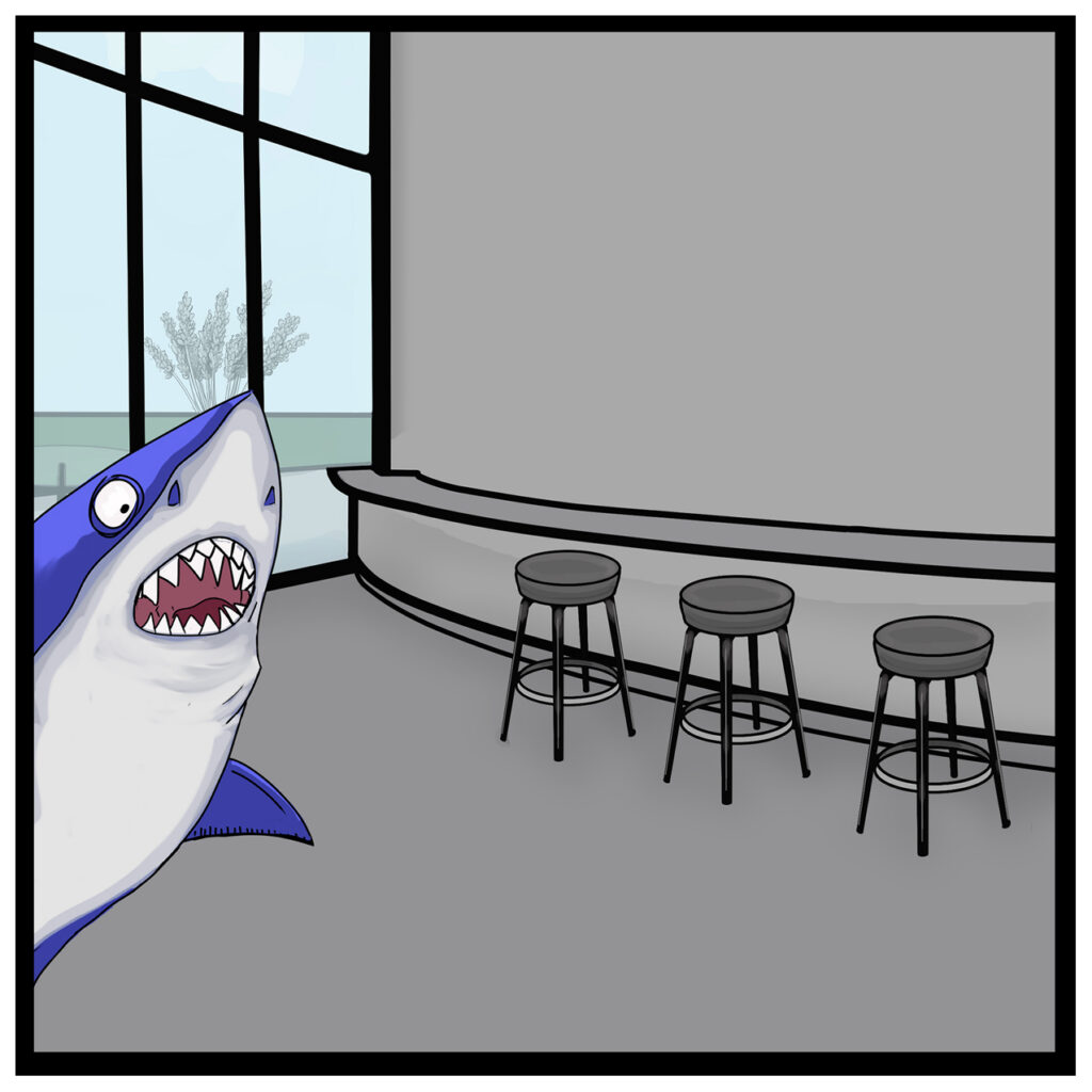 In the company breakroom, three tall stools sit in front of a curved counter. Large floor-to-ceiling windows fill the left wall. Forge, a blue-and-white shark, lunges in from the far left edge with his mouth wide open, showing sharp teeth.