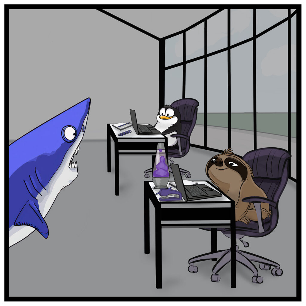 In an office with big windows, Forge faces into the room from the left. Dash the penguin sits at a desk with an open laptop and papers. Drew the sloth sits at a second desk in the foreground with another open laptop; a purple stapler rests nearby while they work.