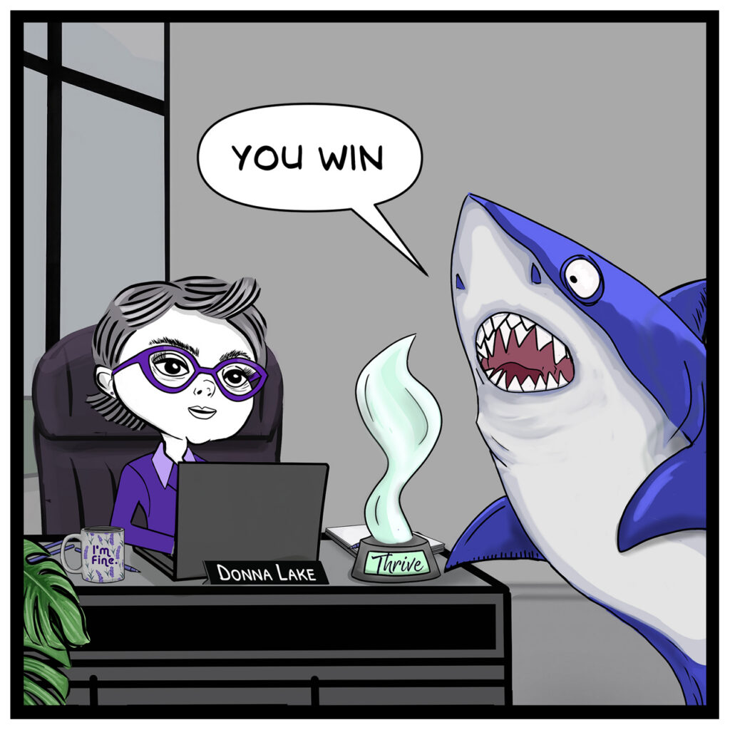 Close-up at Donna’s desk as Forge sets down a tall THRIVE trophy and says “YOU WIN.” Donna remains composed. 