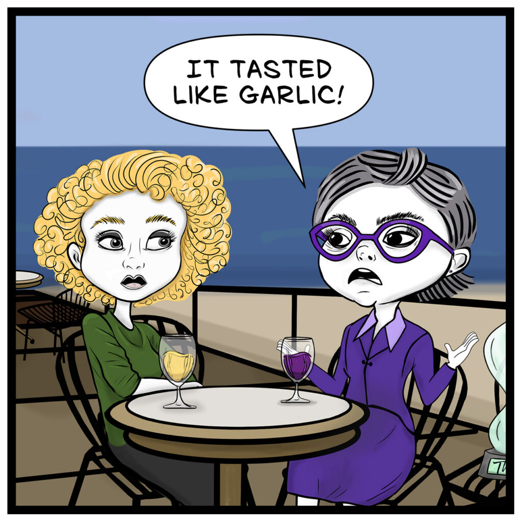 Donna gestures and says, “IT TASTED LIKE GARLIC!” Claire looks disgusted as the waterfront background remains behind them.