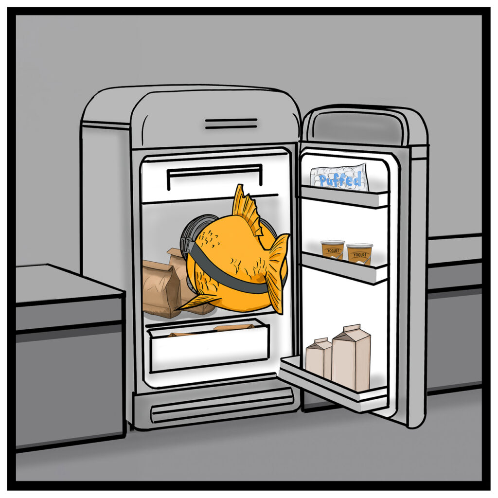Finley stands with his back to the viewer, looking into an open office refrigerator.