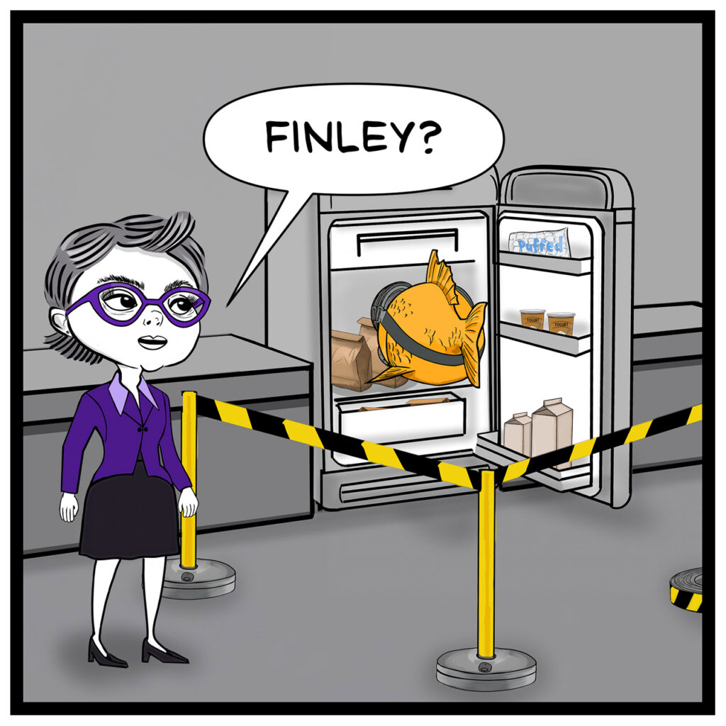 Donna approaches the office refrigerator area, which has been blocked off with black-and-yellow caution tape. Finley is still facing into the refrigerator.