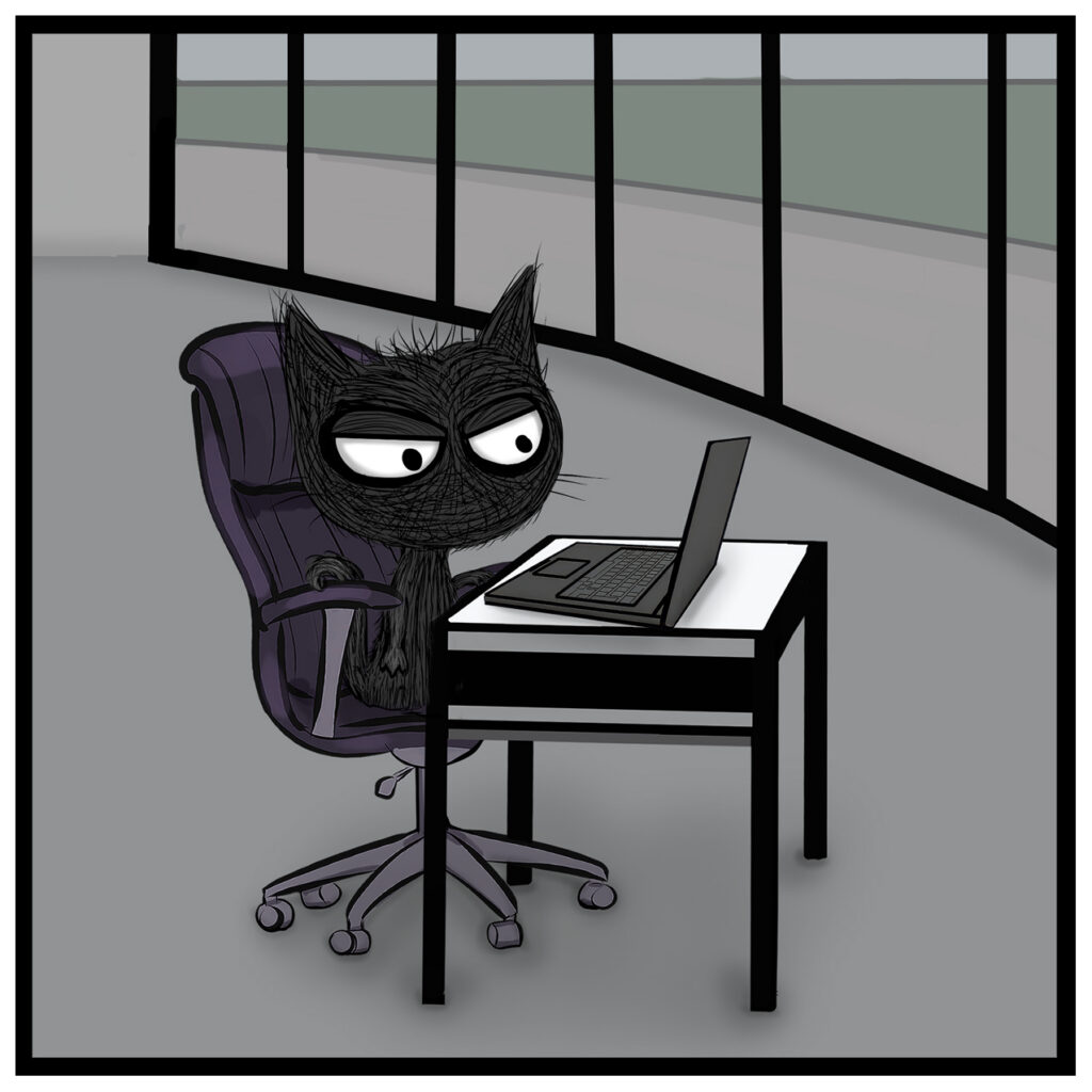 Riley silently stares at the laptop with narrowed, skeptical eyes.