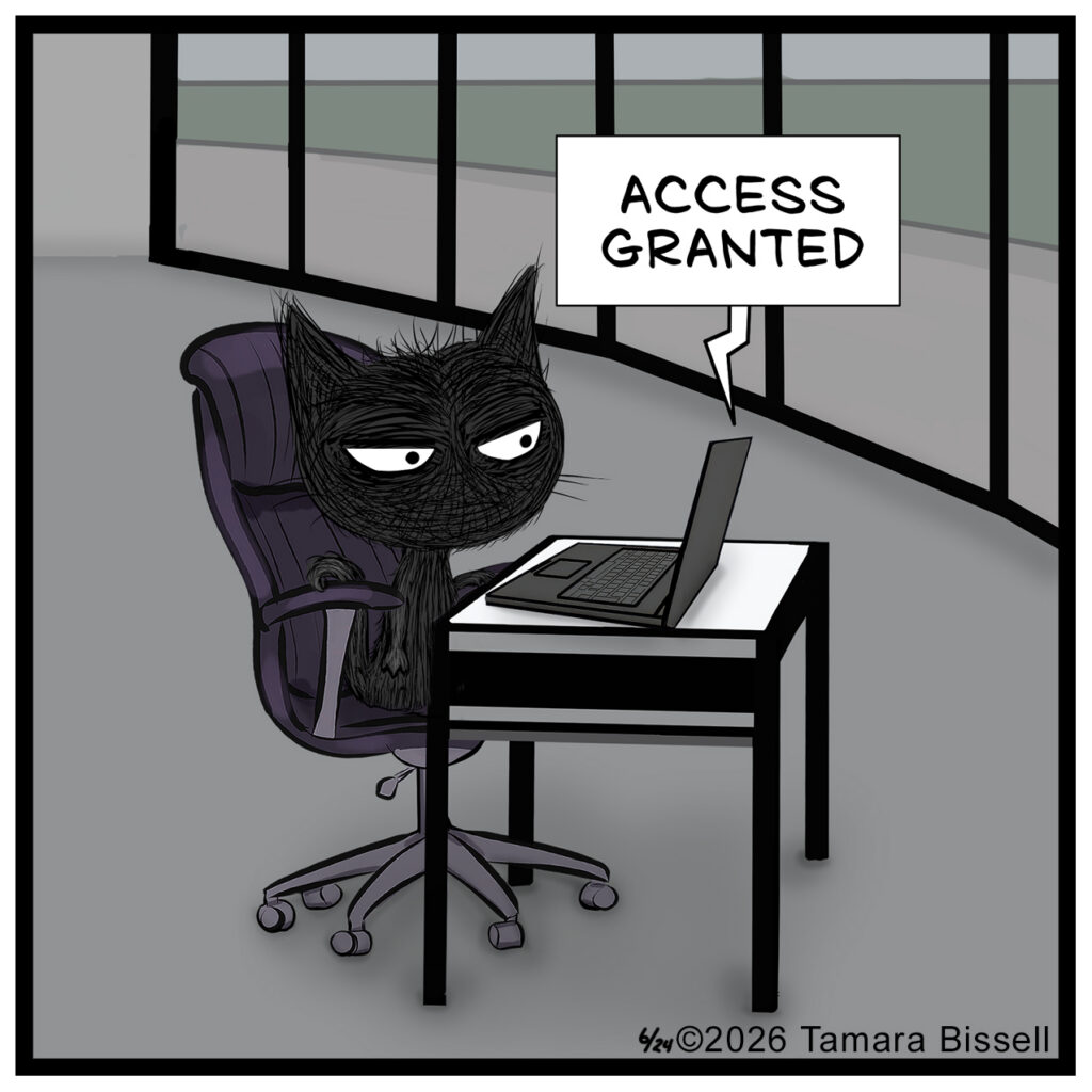 The laptop displays: “ACCESS GRANTED” while Riley maintains the same unblinking glare.