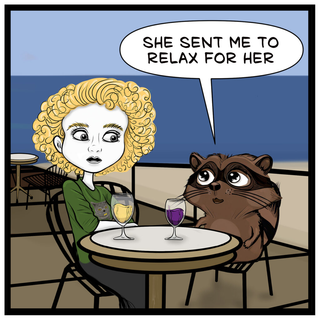 Milo sits across from Claire. Milo: “SHE SENT ME TO RELAX FOR HER”