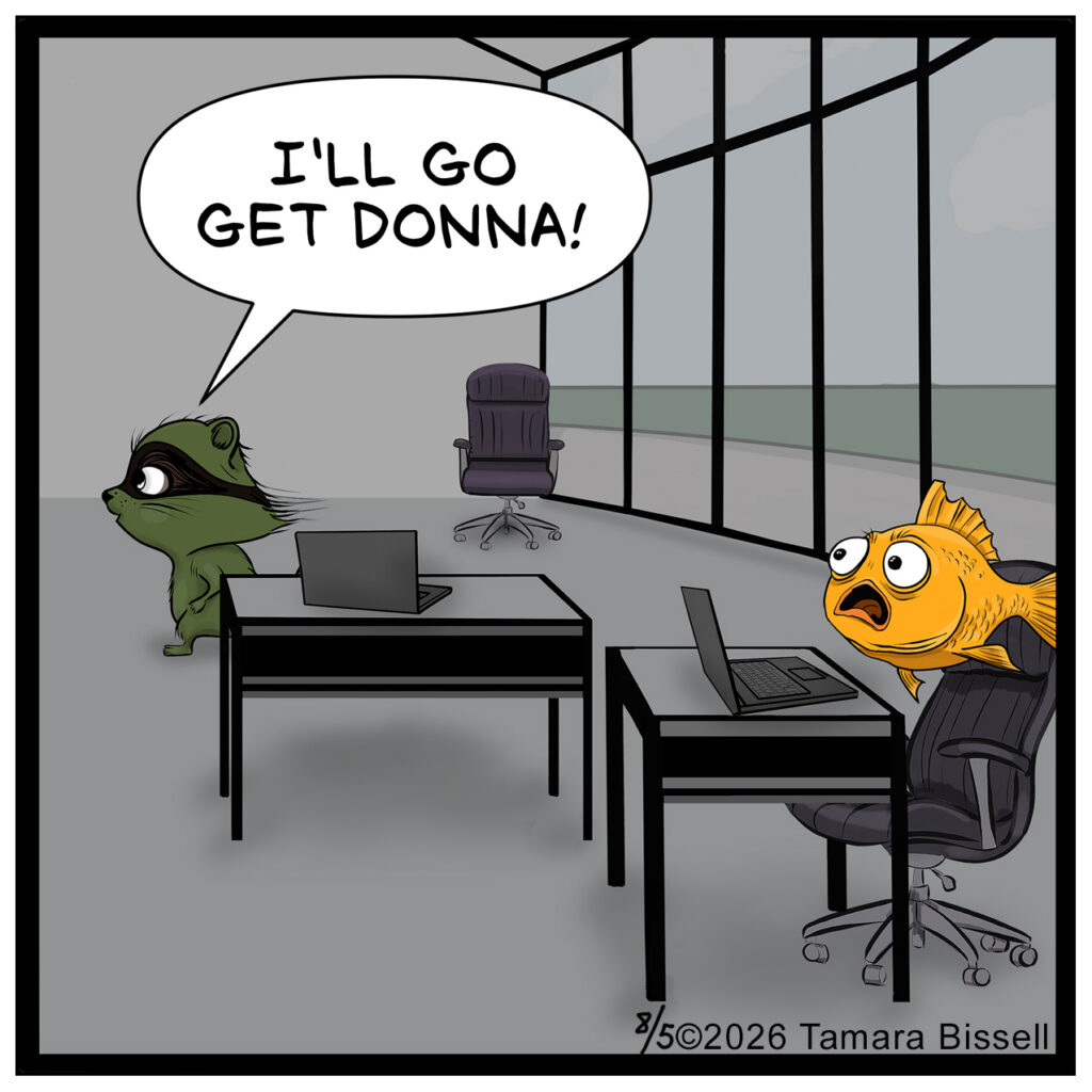 Fully green, Milo rushes out of the office while Finley remains frozen in shock. Milo: “I’ll go get Donna!