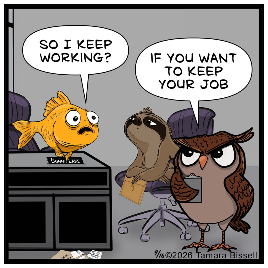 Finley: “SO I KEEP WORKING?” Leslie: “IF YOU WANT TO KEEP YOUR JOB” Action: Finley wilts into a thousand-yard stare.. Drew continues sitting quietly with the folder, and Leslie answers matter-of-factly.