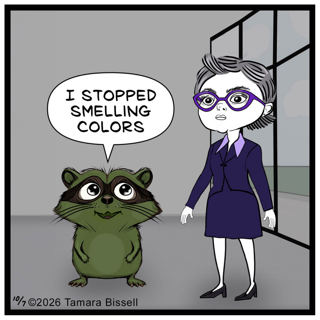 - Milo: “I STOPPED SMELLING COLORS” Action / visuals - Milo looks upward as he delivers the final symptom. - Donna’s eyes are widened and her mouth is slightly open, giving her a visibly startled or concerned expression.