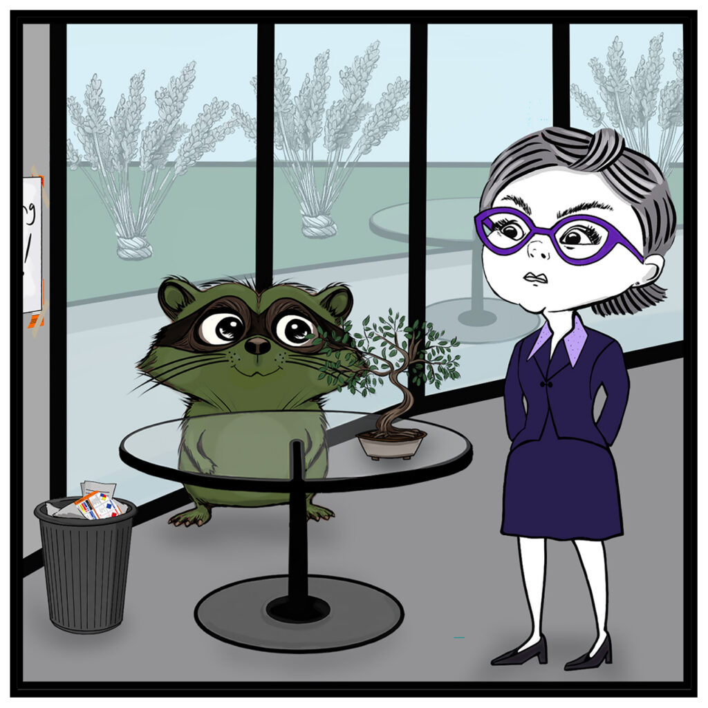 Actions: Donna and Milo remain beside the bonsai tree. Donna looks toward the wall behind Milo with an alarmed expression, while Milo gazes happily at the bonsai. Neither character speaks.
