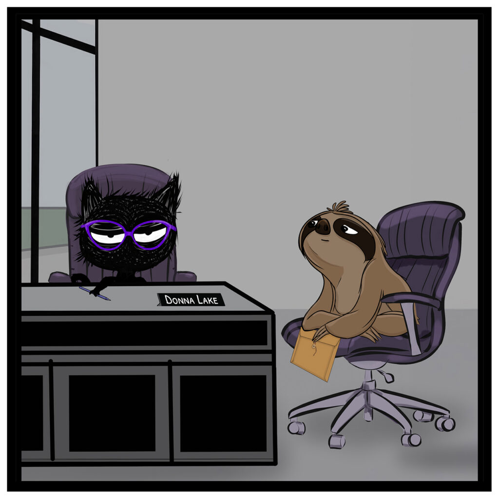 Donna's office. Riley sits silently behind Donna's desk, wearing her purple glasses. Drew sits nearby, holding his archival envelope and watching Riley.