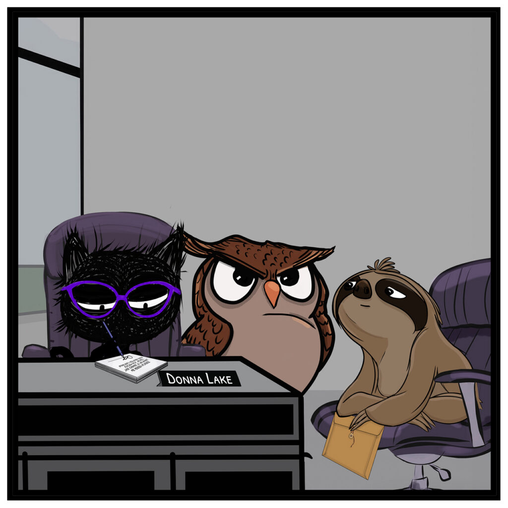 Riley silently signs the paperwork with a pen. Leslie continues staring straight ahead. Drew watches.
